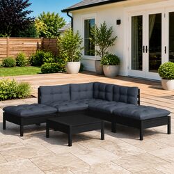 Premium Black Pinewood Garden Lounge Set, 6 Pieces