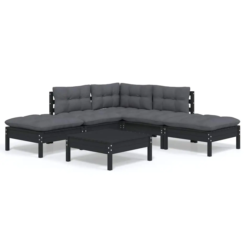 Garden Lounge Set Pinewood 6 Piece Black Outdoor Furniture with Cushions