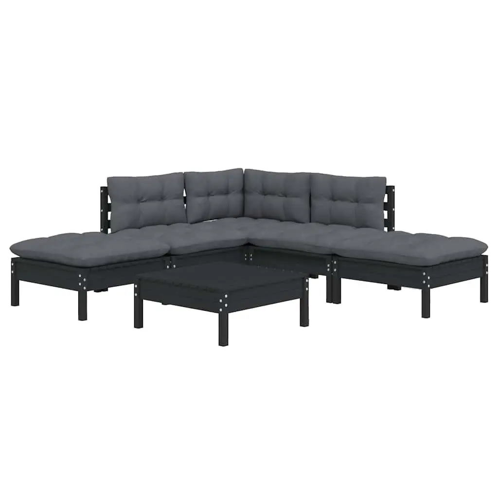 Garden Lounge Set Pinewood 6 Piece Black Outdoor Furniture with Cushions