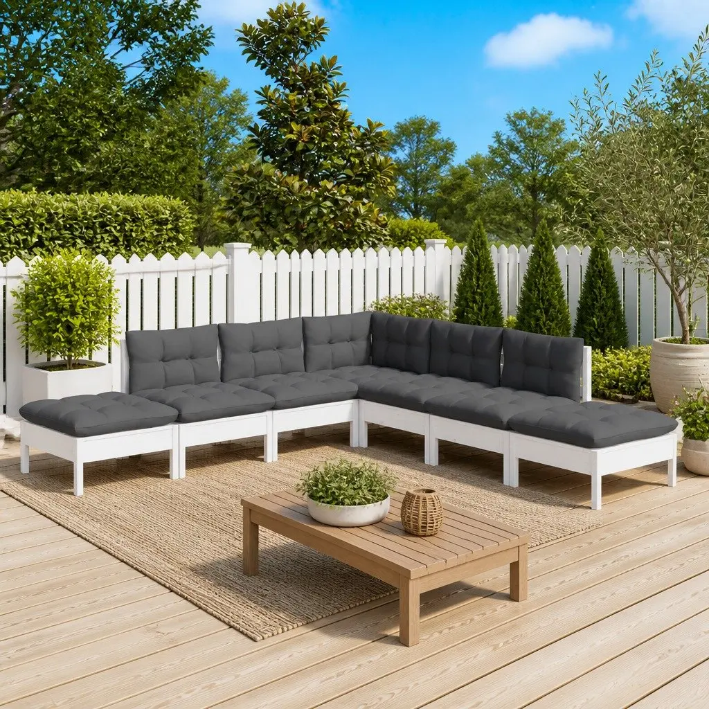 7 Piece Garden Lounge Set Solid Pinewood White Outdoor Furniture with Cushions