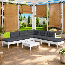 8 Piece White Pinewood Garden Lounge Set with Cushions