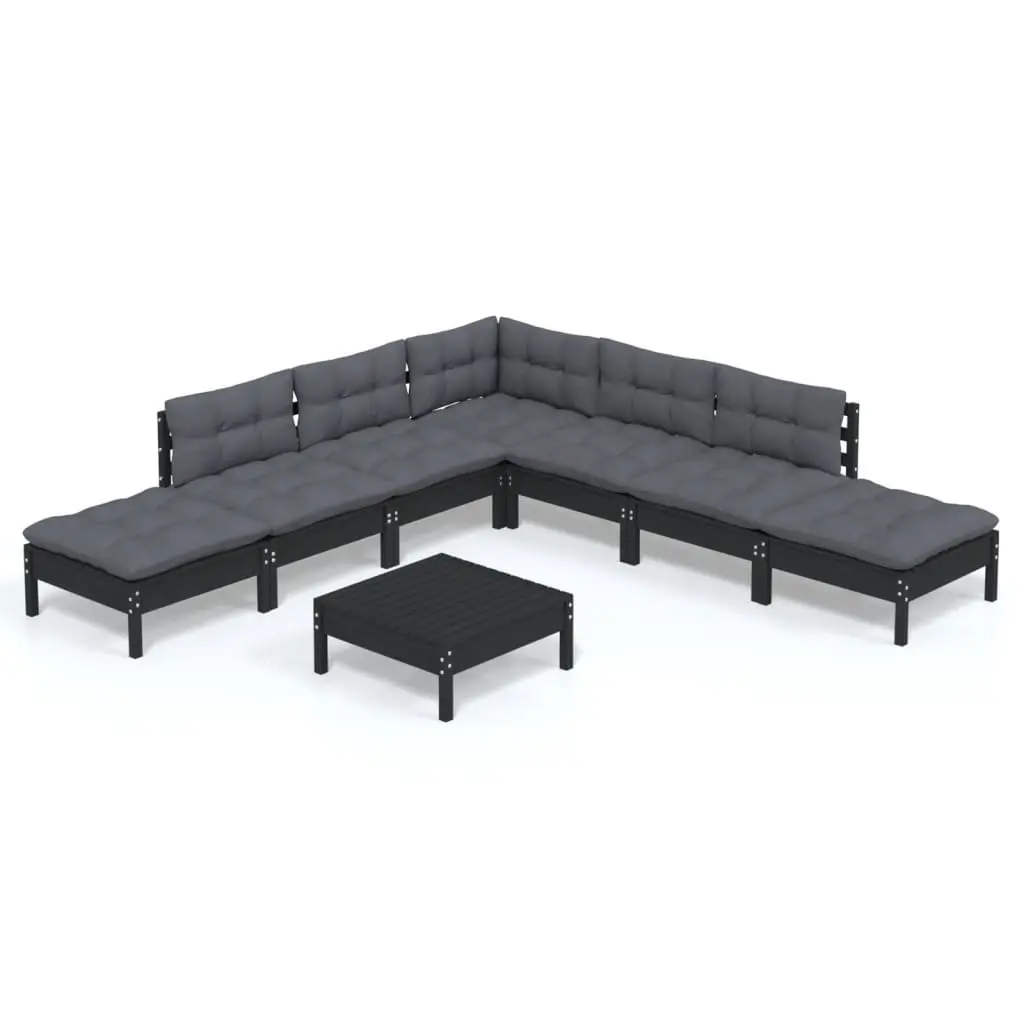 8 Piece Garden Lounge Set Solid Pinewood Black Outdoor Furniture with Cushions