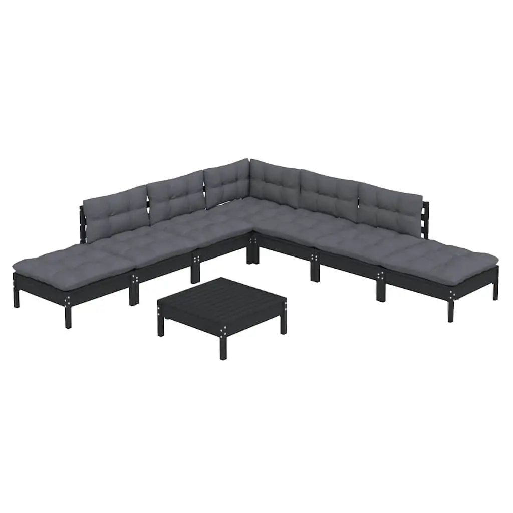 8 Piece Garden Lounge Set Solid Pinewood Black Outdoor Furniture with Cushions