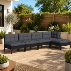 Durable 5-Piece Black Garden Lounge Set with Cushions