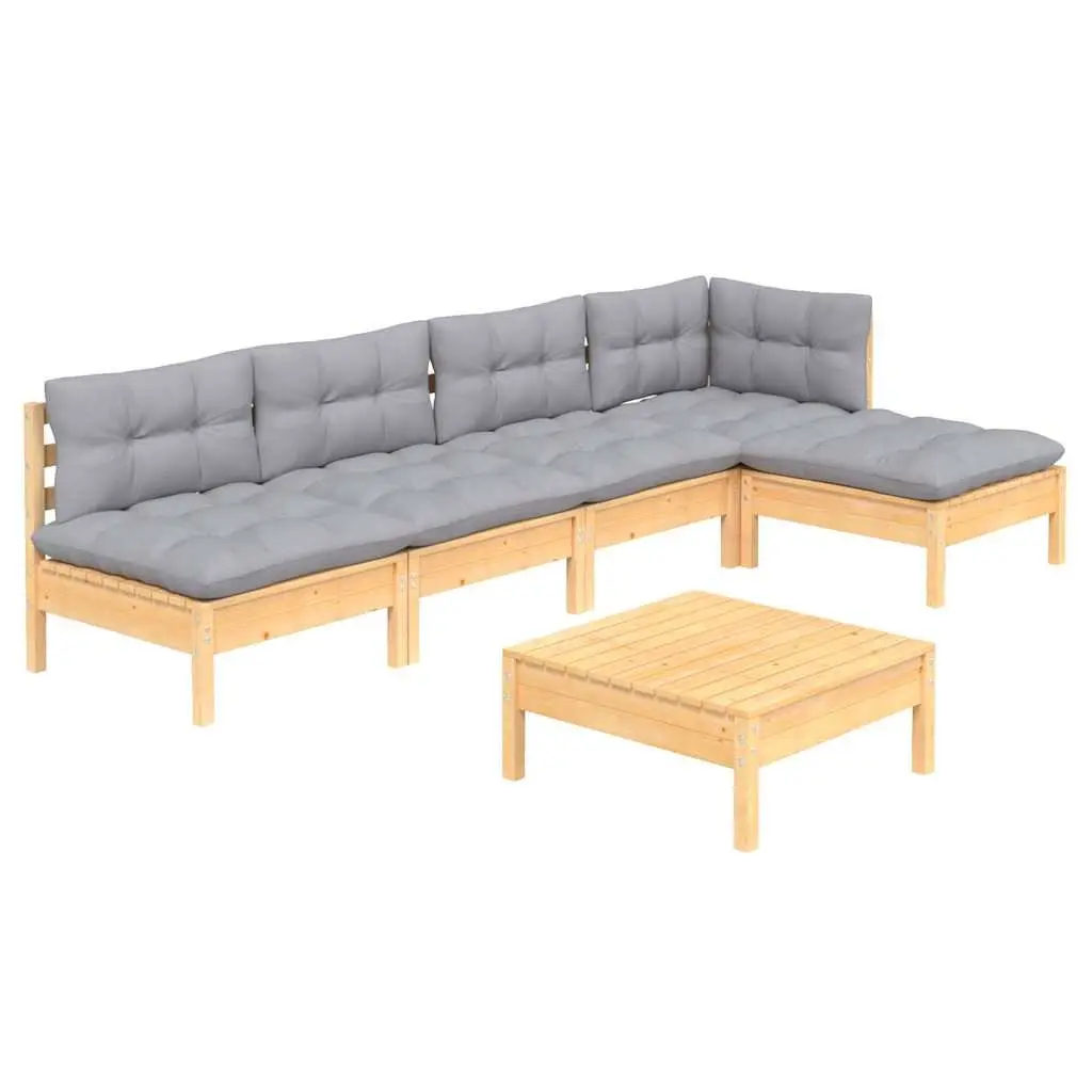 Garden Lounge Set Solid Pinewood 6 Piece Outdoor Furniture with Grey Cushions