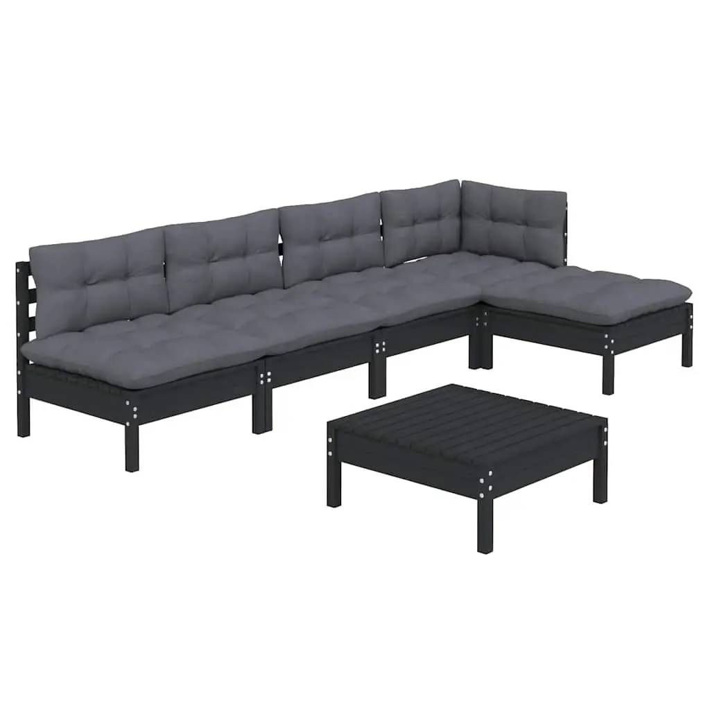 Black Pinewood 6-Piece Modular Garden Lounge Set