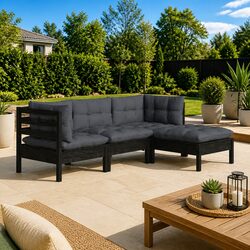 Durable 4 Piece Black Pinewood Garden Lounge Set