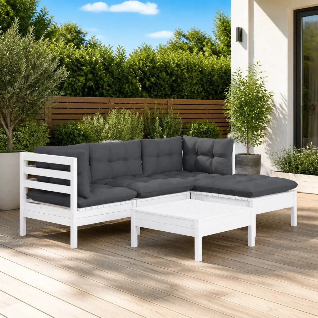 Garden Lounge Set Pinewood 5 Piece White Outdoor Furniture with Cushions