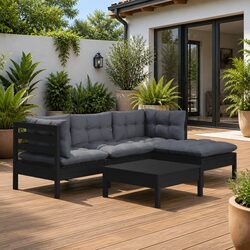 5 Piece Black Garden Lounge Set with Cushions