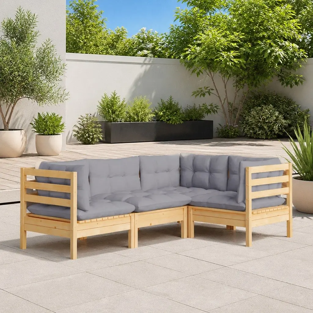 4 Piece Garden Lounge Set Pinewood Grey Cushions