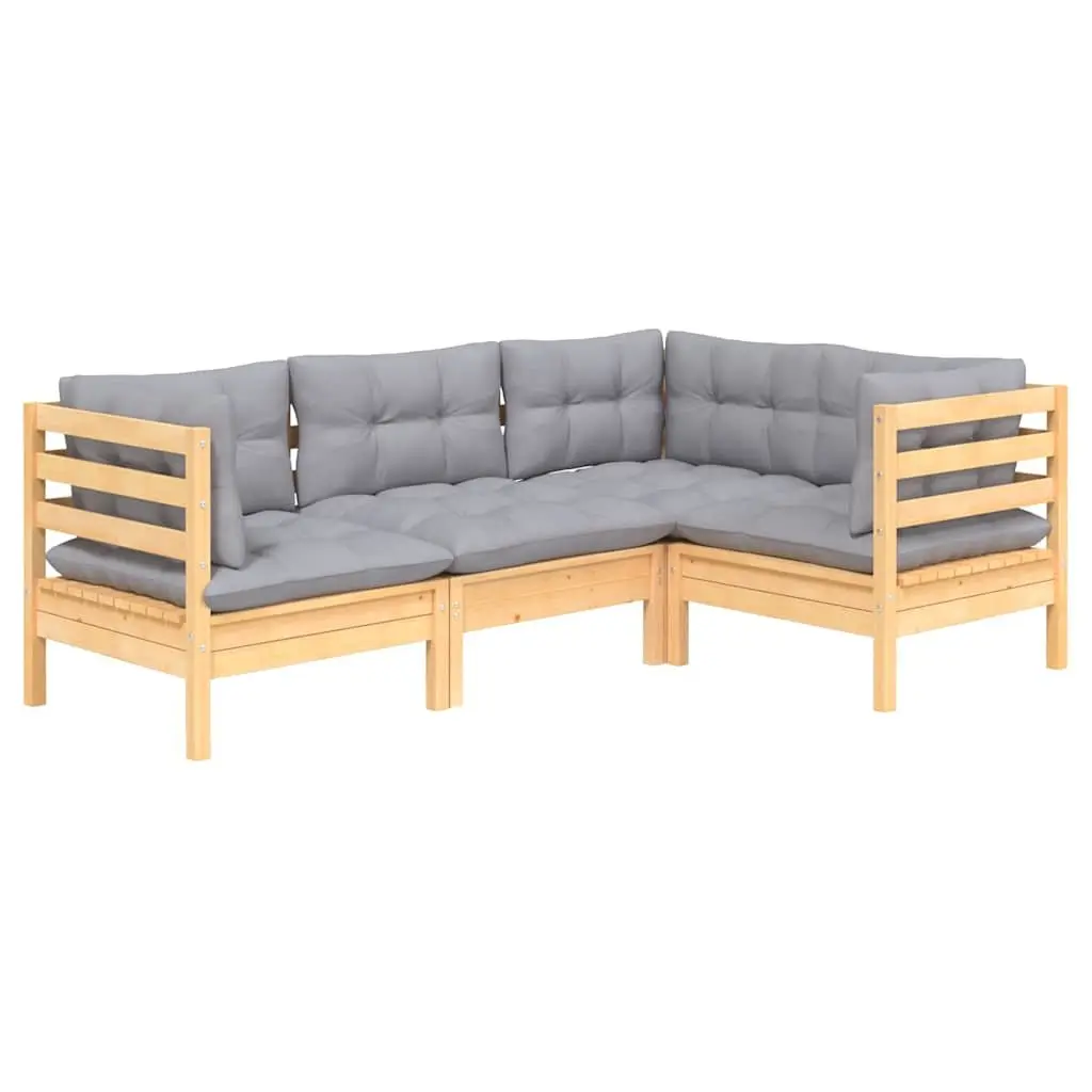 4 Piece Garden Lounge Set Pinewood Grey Cushions