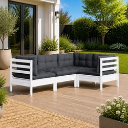 Sturdy 4-Piece White Pinewood Garden Lounge Set with Cushions