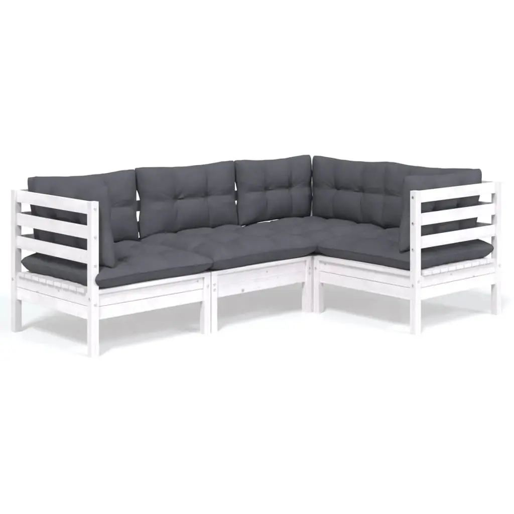 Garden Lounge Set Solid Pinewood 4 Piece White Outdoor Furniture with Cushions