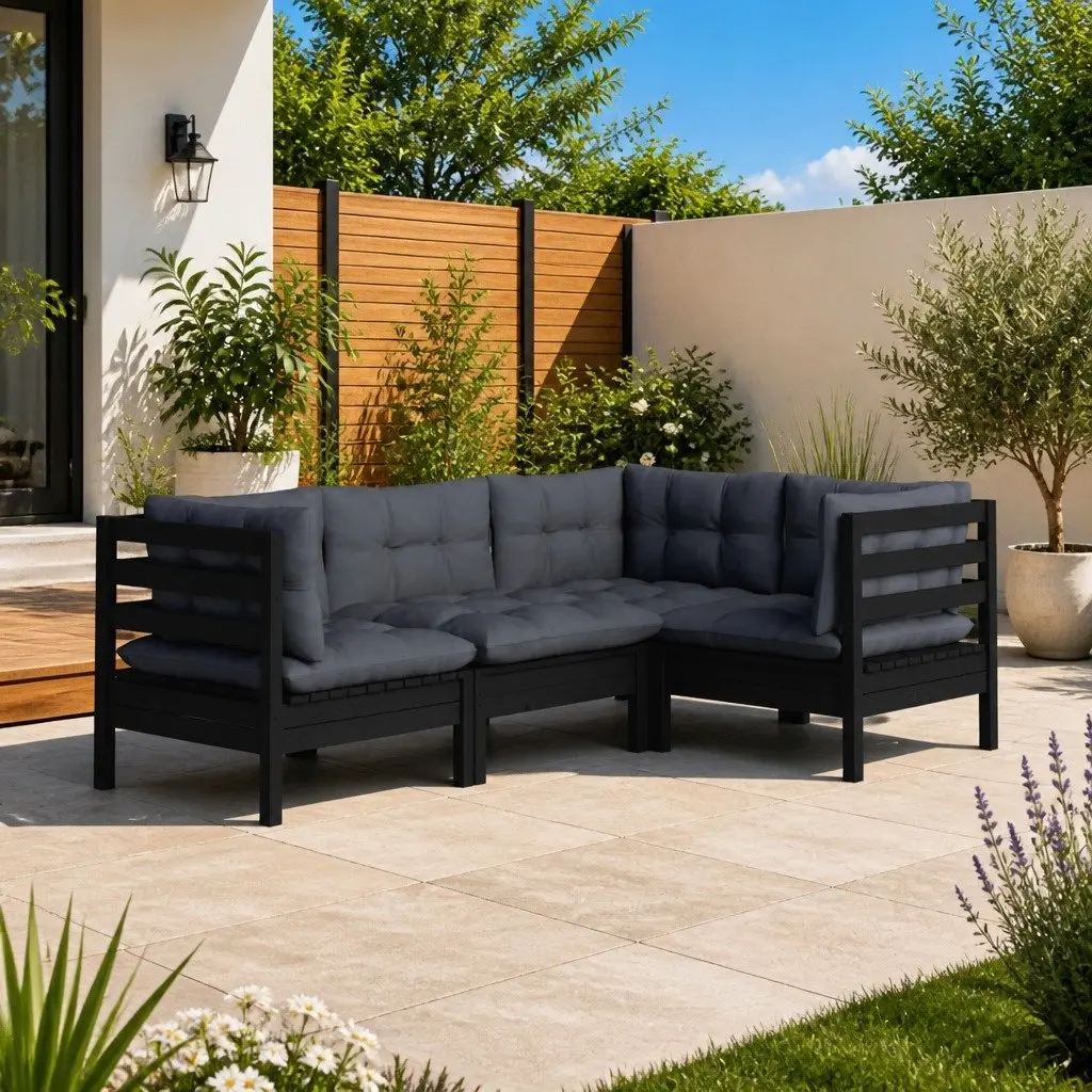 Garden Lounge Set Pinewood 4 Piece Outdoor Patio Furniture Black with Cushions