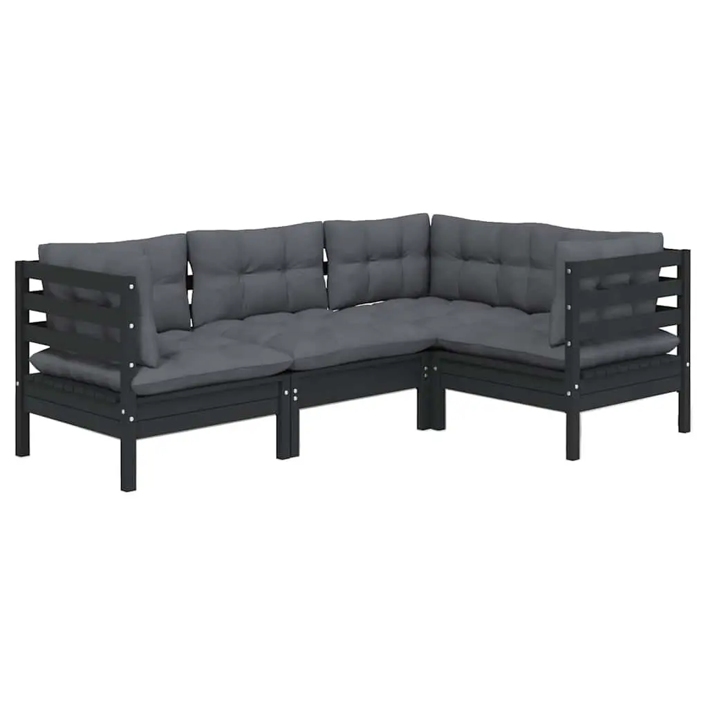 Garden Lounge Set Pinewood 4 Piece Outdoor Patio Furniture Black with Cushions
