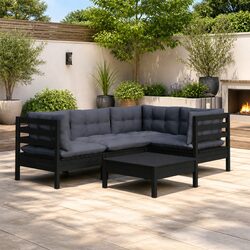 5-Piece Black Pinewood Garden Lounge Set with Cushions