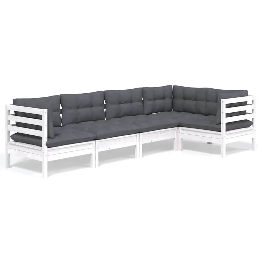 5 Piece White Pinewood Garden Lounge Set with Cushions