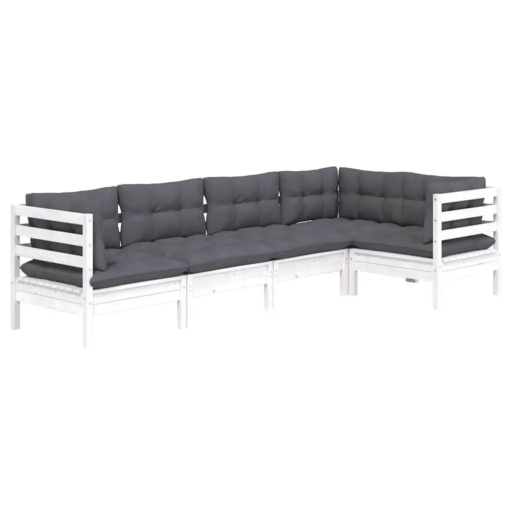 5 Piece White Pinewood Garden Lounge Set with Cushions