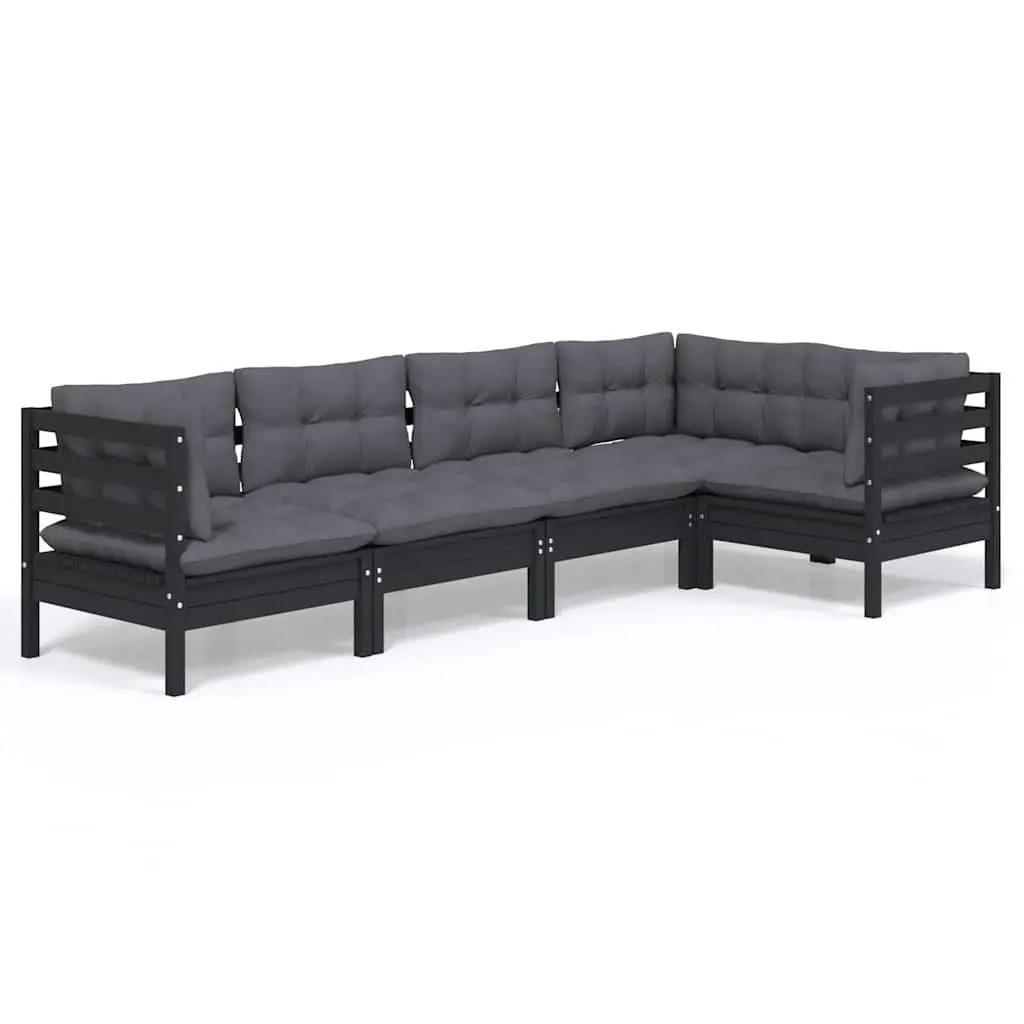 5-Piece Black Pinewood Lounge Set for Gardens
