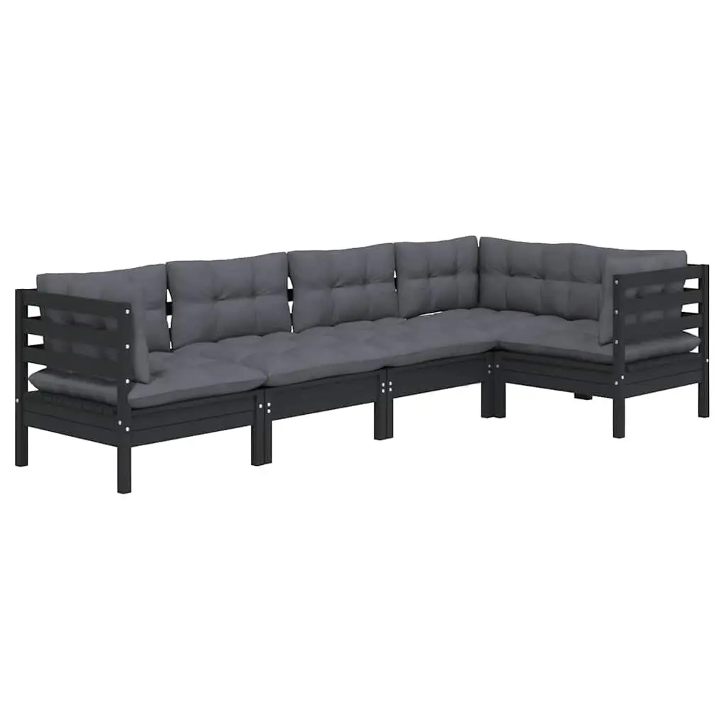 5-Piece Black Pinewood Lounge Set for Gardens