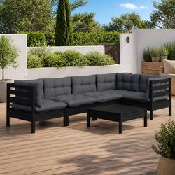 Durable 6 Piece Black Pinewood Garden Lounge Set
