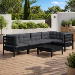 Durable 6 Piece Black Pinewood Garden Lounge Set