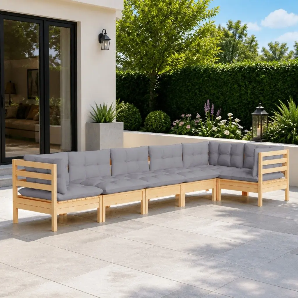Modular Lounge Set Solid Pinewood 6 Piece Outdoor Patio Furniture Grey Cushions
