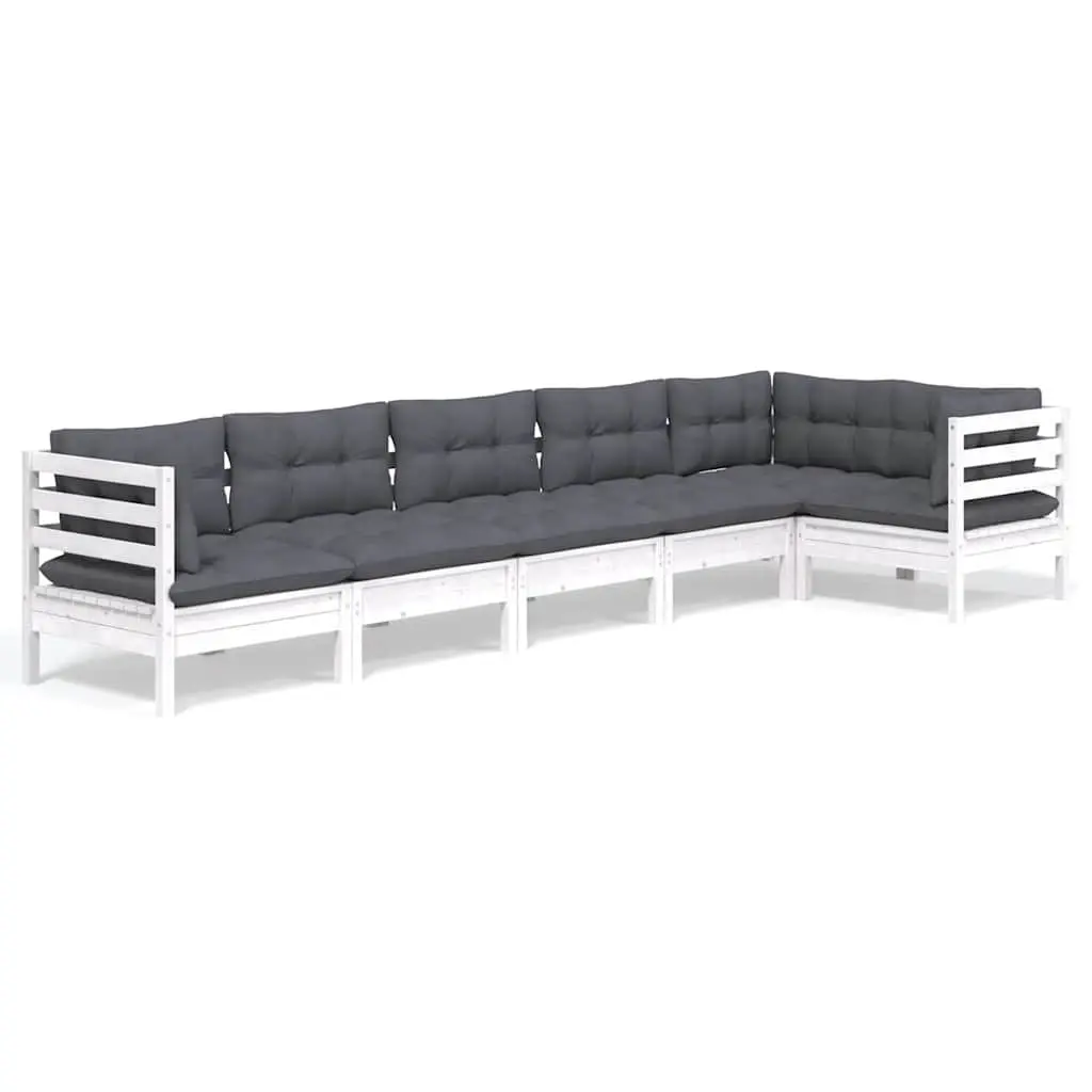 Wooden Garden Lounge Set Solid Pinewood 6 Piece Outdoor Patio Furniture White Cushions