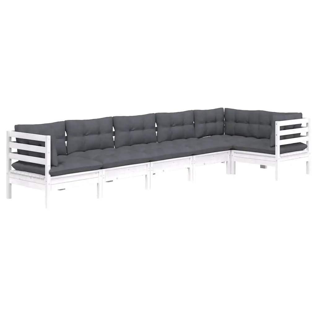 Wooden Garden Lounge Set Solid Pinewood 6 Piece Outdoor Patio Furniture White Cushions