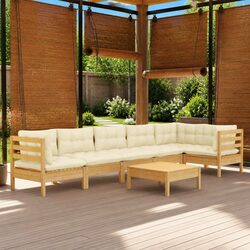 7-Piece Pinewood Outdoor Lounge Set with Cream Cushions