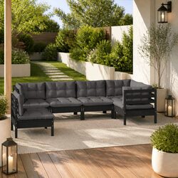 Premium 6 Piece Black Pinewood Garden Lounge Set with Cushions