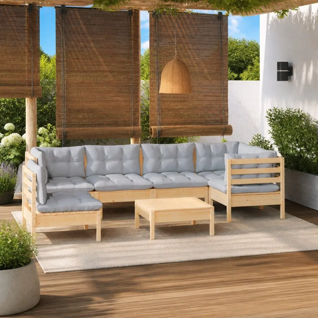 7 Piece Garden Lounge Set Outdoor Patio Furniture Pinewood with Grey Cushions