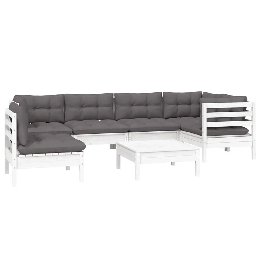 Lounge Set Solid Pinewood 7 Piece White Cushioned Modular Patio Furniture