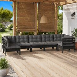 Black Pinewood Garden Lounge Set with 7 Modular Pieces