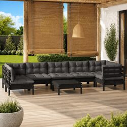Durable 8 Piece Black Pinewood Garden Lounge Set with Cushions