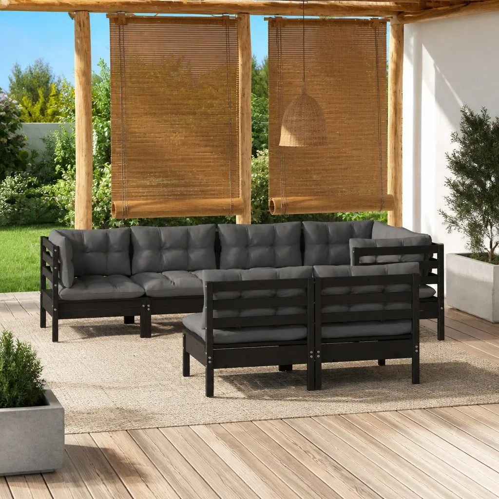 Garden Lounge Set Solid Pinewood 7 Piece Black with Cushions