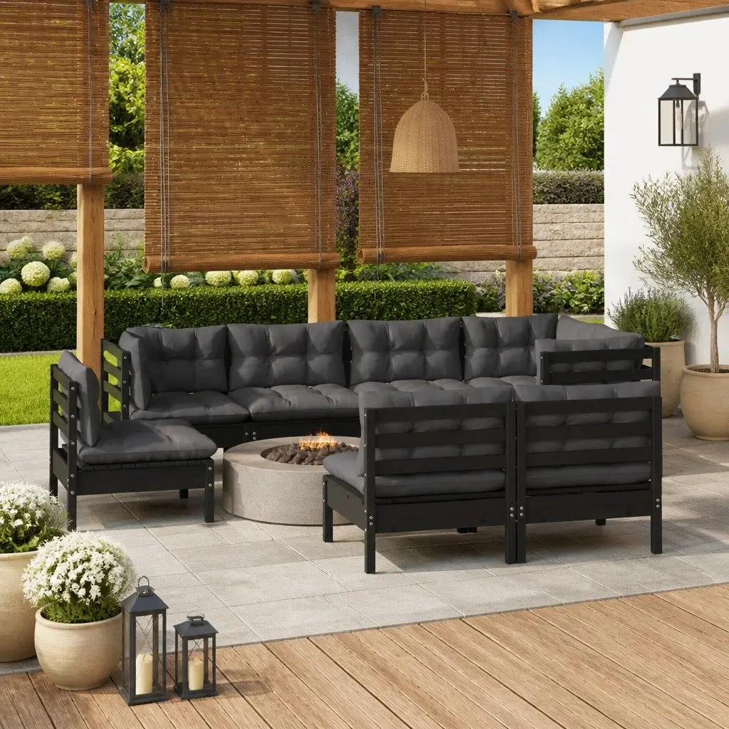 Garden Lounge Set Solid Pinewood 8 Piece Modular Black with Cushions