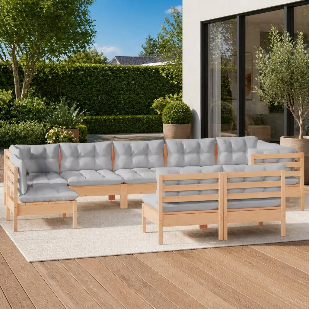 Garden Lounge Set Solid Pinewood 9 Piece Outdoor Patio Furniture Grey Cushions