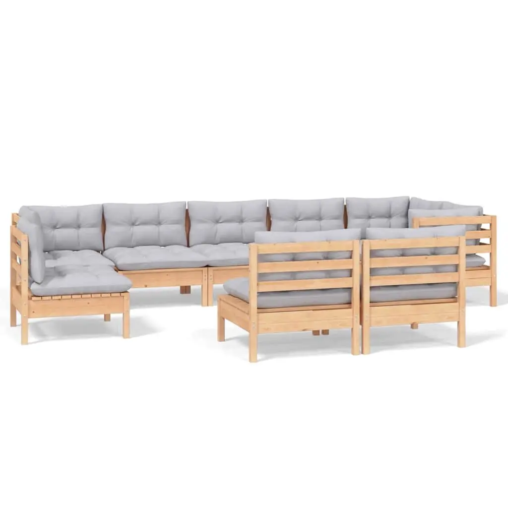 Garden Lounge Set Solid Pinewood 9 Piece Outdoor Patio Furniture Grey Cushions