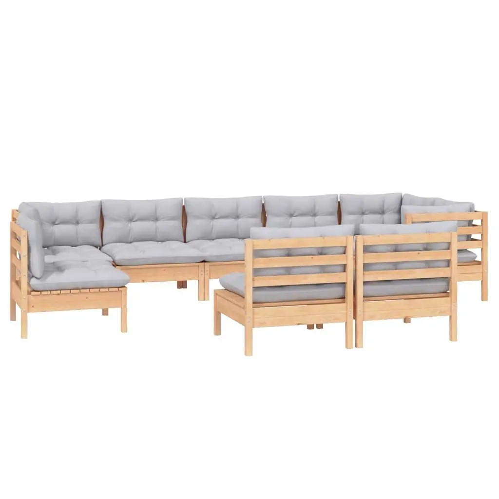 Garden Lounge Set Solid Pinewood 9 Piece Outdoor Patio Furniture Grey Cushions