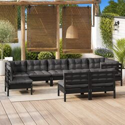 9-Piece Black Pinewood Garden Lounge Set with Cushions