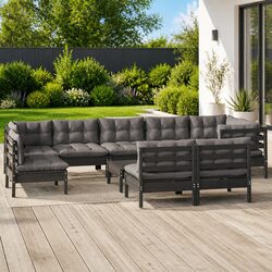 Black Pinewood 10 Piece Garden Lounge Set for Outdoor Relaxation