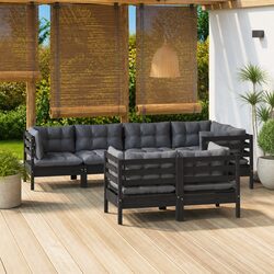 7-Piece Black Pinewood Garden Lounge Set with Cushions