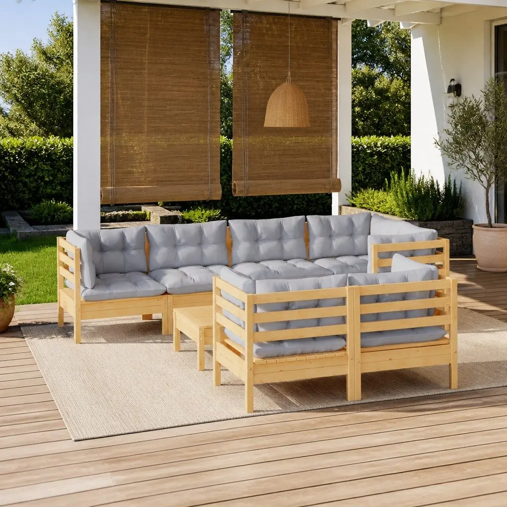 Garden Lounge Set Solid Pinewood 8 Piece Outdoor Patio Furniture Grey Cushions Modular