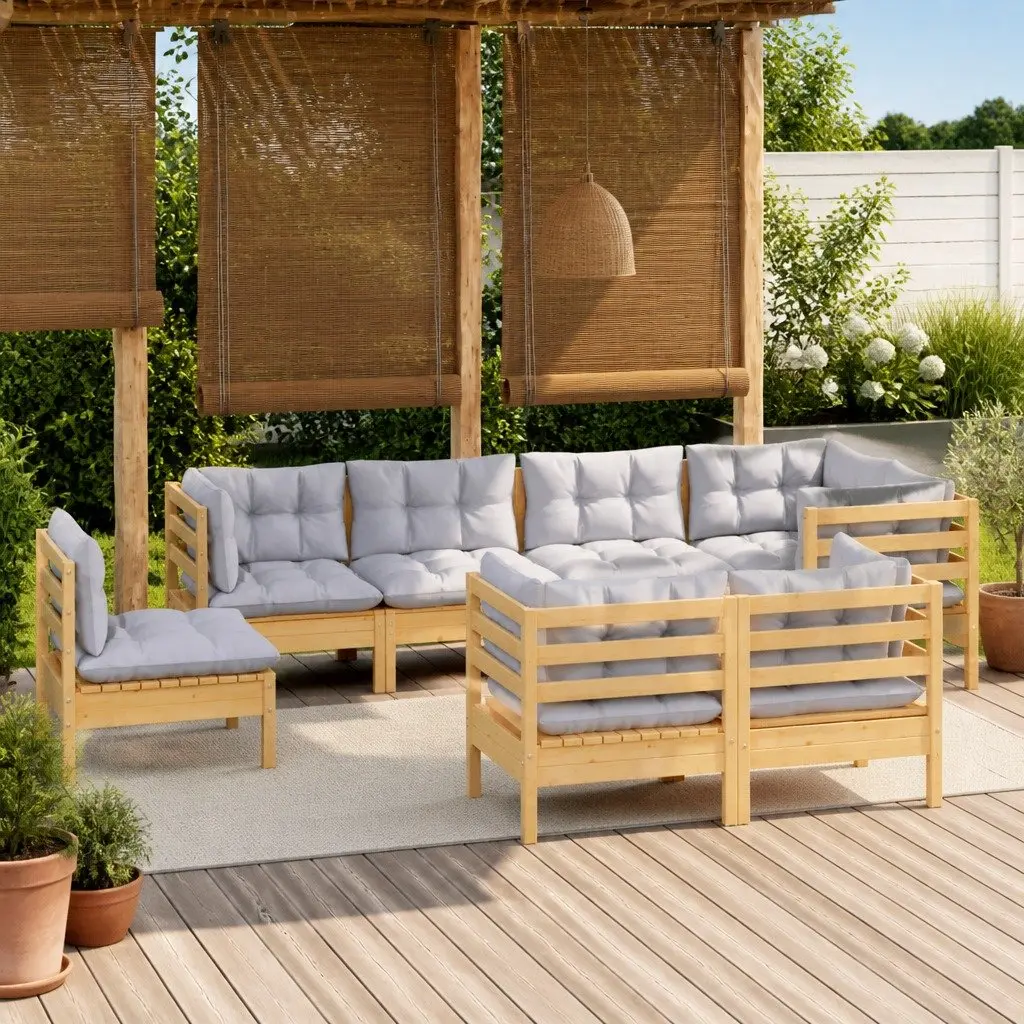Garden Lounge Set Pinewood 8 Piece Outdoor Furniture Patio Sofa Grey Cushions