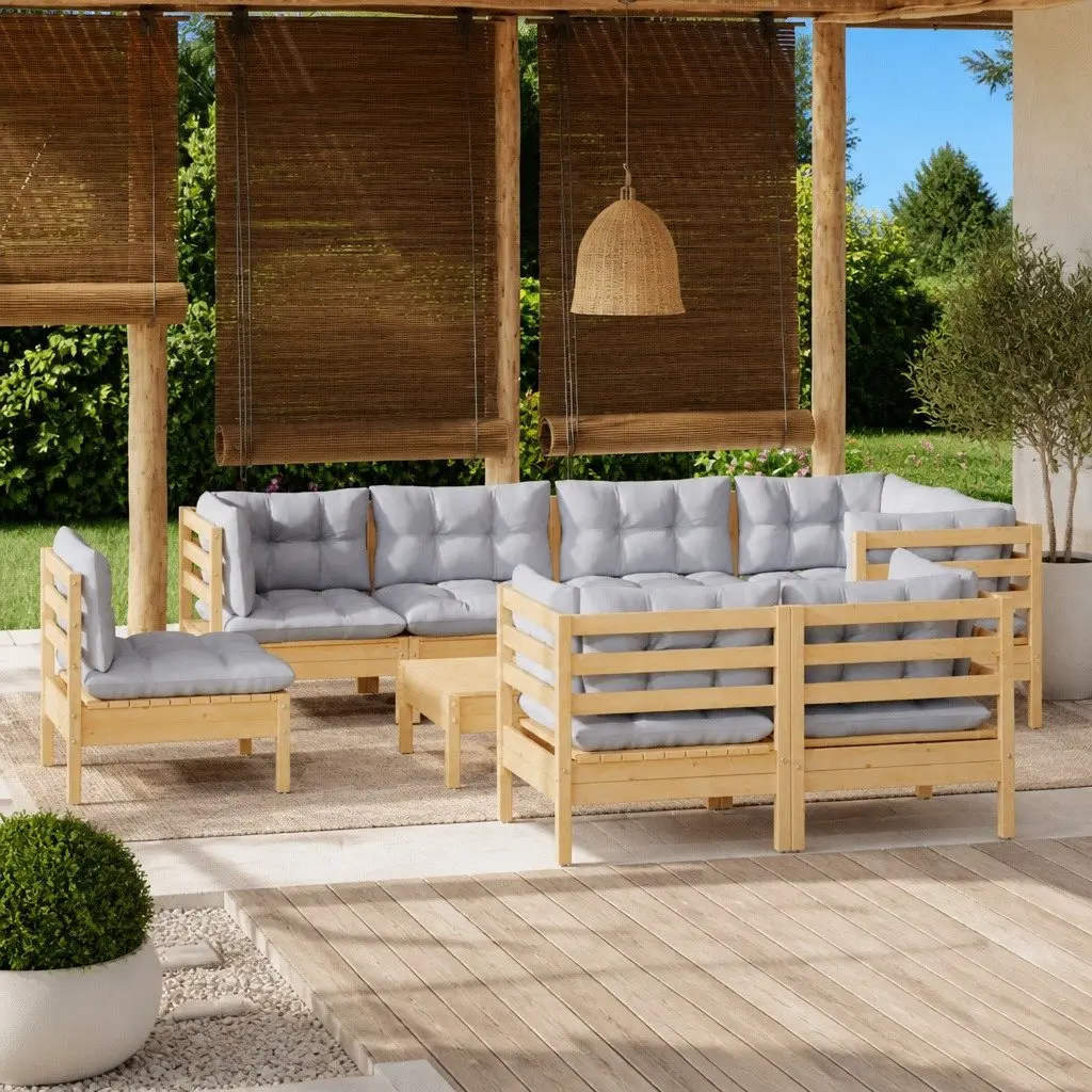 Garden Lounge Set Solid Pinewood 9 Piece Outdoor Patio Furniture Grey Cushions