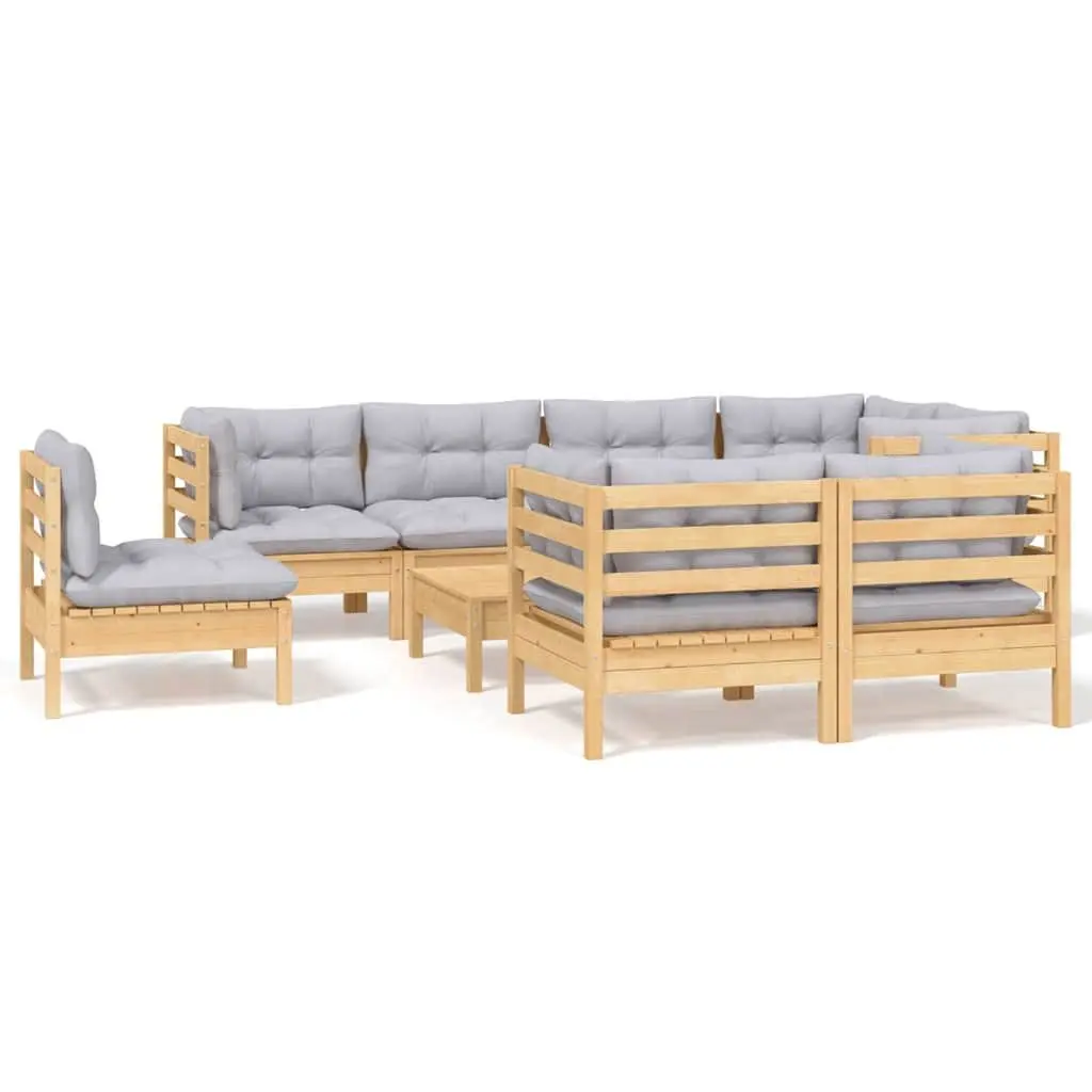 Garden Lounge Set Solid Pinewood 9 Piece Outdoor Patio Furniture Grey Cushions