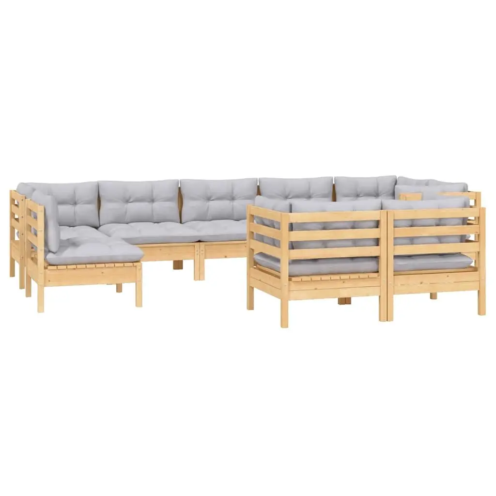 Garden Lounge Set Solid Pinewood 9 Piece Outdoor Patio Furniture Grey Cushions