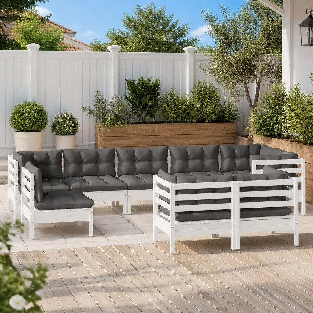 9 Piece White Pinewood Garden Lounge Set