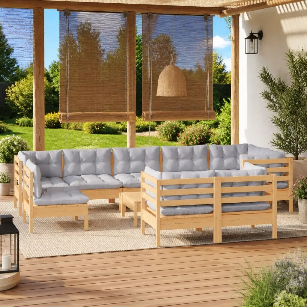 Garden Lounge Set Solid Pinewood 10 Piece Outdoor Patio Furniture Grey Cushions